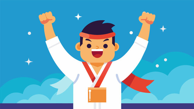 The satisfaction on the winners face is evident as they raise their hand in victory having triumphed over their opponent in a kumite showdown.