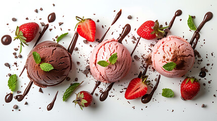 Three single scoops of strawberry vanilla and chocolate dessert decorated with cut fruit and mint...