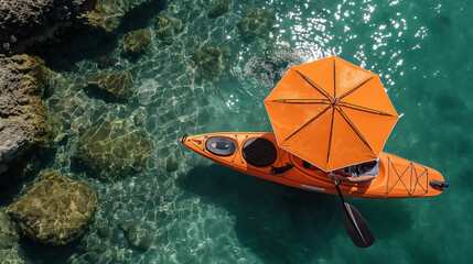 Aerial view of a person kayaking with an orange umbrella