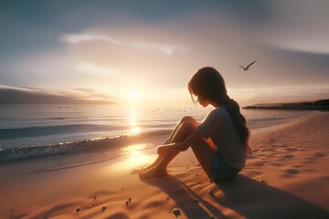  girl on the beach a 3D scene where a young girl is sitting on a sandy beach  - obrazy, fototapety, plakaty