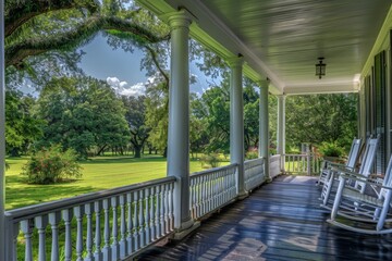 A large front porch with white railings, overlooking the green lawn of an old home in the south surrounded by oak trees and rocking chairs for relaxation on each side Generative AI