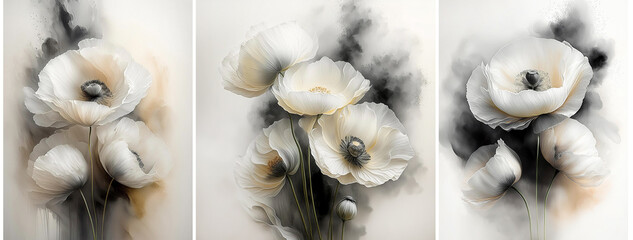 Triptyque fleurs abstraites, coquelicots blancs, acrylique. Papier peint fleuri. Fond d'écran - obrazy, fototapety, plakaty