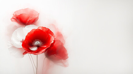 Fleurs de coquelicots rouges. Papier peint floral, fond blanc, espace vide, invitation