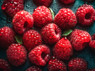 A close up of a bunch of red raspberries. The raspberries are fresh and juicy, and they are arranged in a way that makes them look like they are ready to be eaten