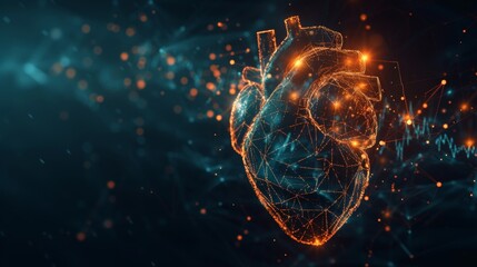 Glowing hologram of human heart organ 3D structure with dark background.