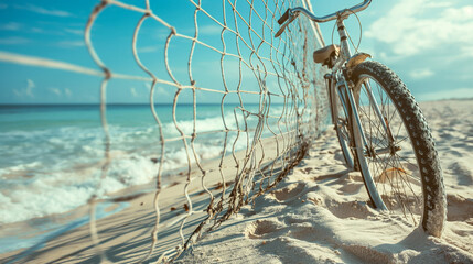 Vintage bicycle leaning against beach volleyball net - Powered by Adobe
