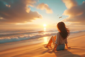 Fototapeta na wymiar girl on the beach a 3D scene where a young girl is sitting on a sandy beach 
