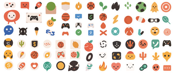 Set Of Flat Sticker Or Icon Pack - Vector Illustration with Supporting Elements. Gaming, Controller, Ball, Fruits, Fire, ect.