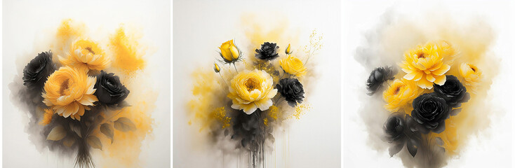 Fleurs triptyque, roses jaunes et noires. Papier peint fleuri, décoration. Fond floral