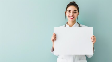 A young smiling female doctor holding a blank message board.