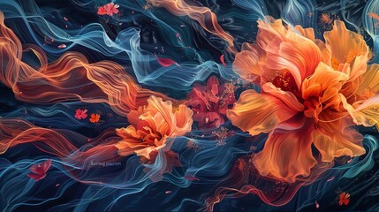 Ethereal floral display with burning orange blossoms amidst swirling smoke, capturing nature's fiery essence