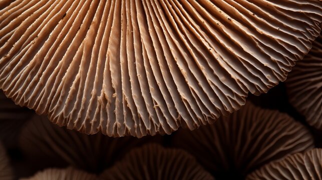 Close-up view of a mushroom cap from underneath, showcasing intricate gills on a black background