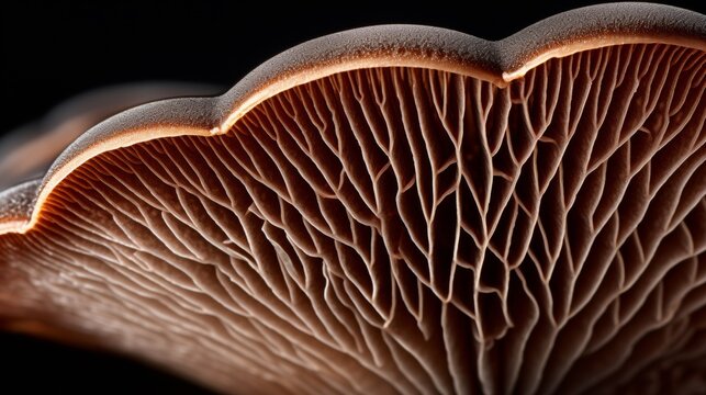 Close-up view of a mushroom cap from underneath, showcasing intricate gills on a black background