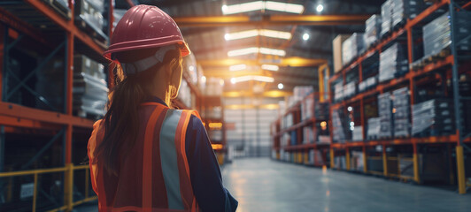 Fototapeta premium A female worker wearing a hard hat and safety vest is busy working at a warehouse