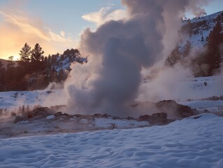 Geothermal steam rising from a hot spring in a rugged landscape, creating a dramatic and atmospheric scene. Ideal for nature photography, geothermal studies, and scenic visuals.