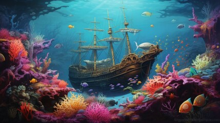 Sunken ship amidst vibrant coral reefs teeming with colorful fish in a mystical underwater scene