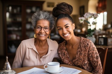 Happy multigenerational women enjoying coffee in a cozy cafe
