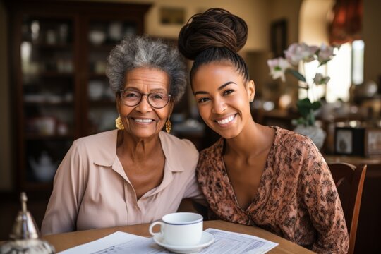 Happy multigenerational women enjoying coffee in a cozy cafe