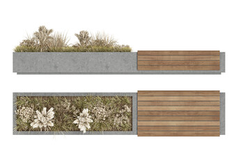 rectangular urban bench with plants, top and front views, isolated on transparent background	