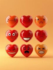 Artistic cartoon 3D vector illustration of heart with different expressions