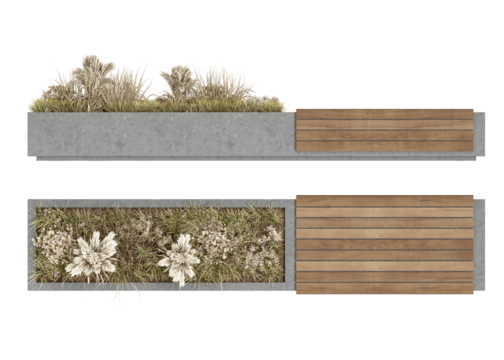 rectangular urban bench with plants, top and front views, isolated on transparent background	