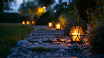 Inviting Garden Walkway with Geometric Lanterns