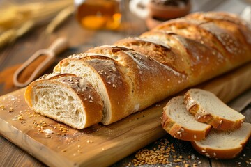 Close-up of a sliced loaf of olive bread placed on a chopping board. Selective focus.. Beautiful simple AI generated image in 4K, unique.