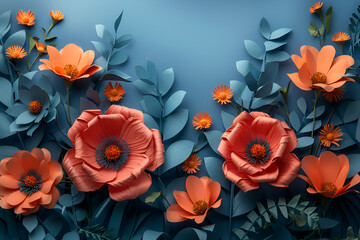 Fototapeta na wymiar Paper Cut Flowers with Copy Space, Brightly colored paper flowers are arranged in a wall of green leaves