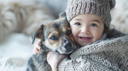 Little baby with puppy dog in outdoor park