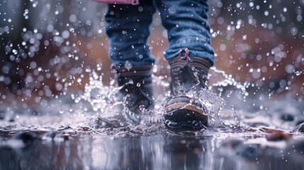 Closeup of feet of little child playing in rain outdoors with water splash