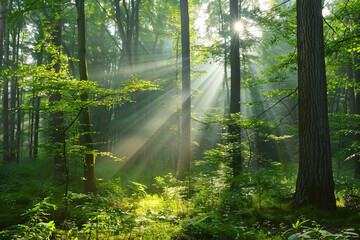 A tranquil forest clearing with sunlight streaming through the trees