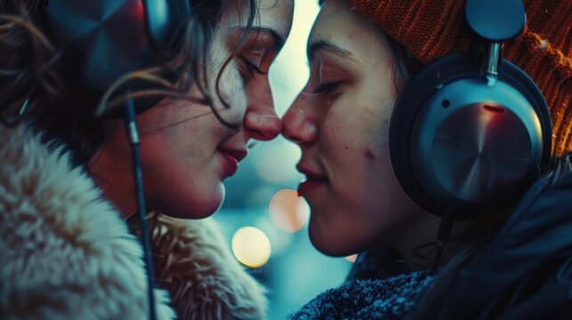 A close-up of two best friends sharing headphones and listening to music together on National Best Friends Day.