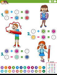addition and subtraction task with cartoon school children