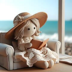 Femme lisant au bord de la mer dans un canapé - obrazy, fototapety, plakaty