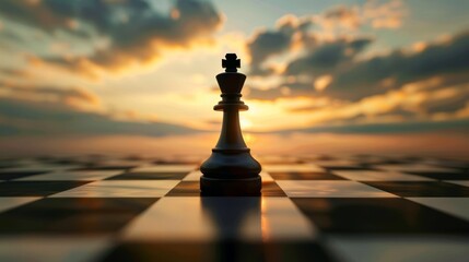 A chess king stands alone on a chessboard at sunset.