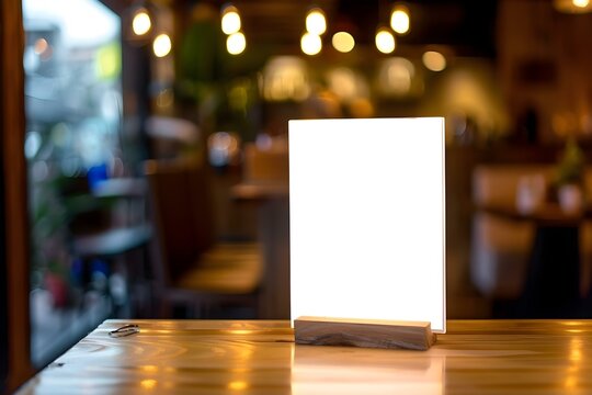 Mockup of blank menu frame in restaurant with acrylic tent card. Concept Restaurant Menu, Acrylic Tent Card, Mockup Design, Blank Frame, Food Display