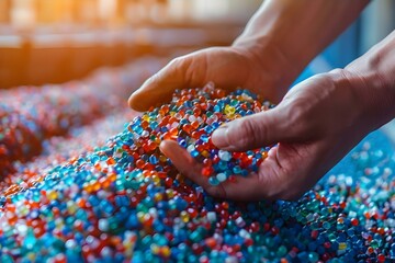 Recycling plastic into small pellets for reuse in manufacturing products. Concept Recycling Plastic, Plastic Pellets, Manufacturing Recycling, Sustainable Materials, Reuse in Production