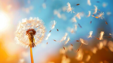 A dandelion clock with seeds blowing away in the wind