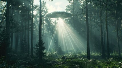 A detailed image of a forest clearing with a beam of light descending from a UFO, evoking a sense of wonder and mystery.