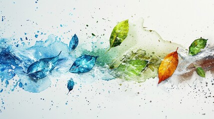 Artistic watercolor interpretation of a carbon footprint graph, merging with nature elements like leaves and water