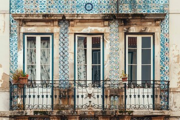Close-up of traditional apartment building with blue tiles facade. Beautiful simple AI generated image in 4K, unique.