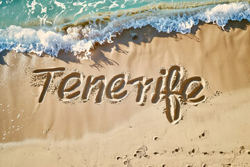 Fototapeta premium Tenerife, Spain written in the sand on a beach. Spanish tourism and vacation background