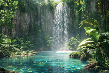 A towering waterfall plunging into a crystal-clear pool surrounded by lush vegetation.