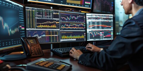 Smart investor making decision for investment in stock market. Skilled businessman typing and looking at monitor display financial statistic chart or stock market trading graph surrounded. AIG42.