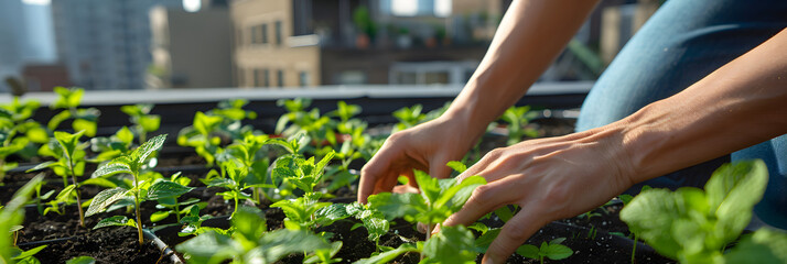 A closeup shot of hands planting mint plants in the rooftop garden. with greenery and city buildings visible behind them  - obrazy, fototapety, plakaty