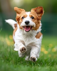 Playful young dog on lush green grass with interactive safety mesh for optimal health and well-being