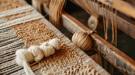 A closeup shot shows threads being woven together on a loom to create fabric on one side and unspun fiber made from wood on the other side 