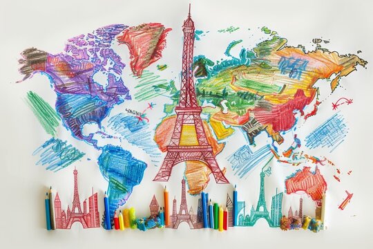 stylized drawing of the World Map with the symbol of Paris, France welcomes tourists,  the Olympics