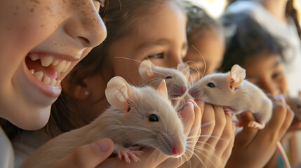 A collection of ecstatic school kids observing and holding beige baby mice in a school lab setting. It is a close-up photo on a bright sunny day. 