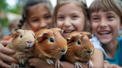 A collection of ecstatic school kids observing and holding brown baby guinea pigs in a school pet house setting. It is a close-up picture on a sunny day.  - obrazy, fototapety, plakaty